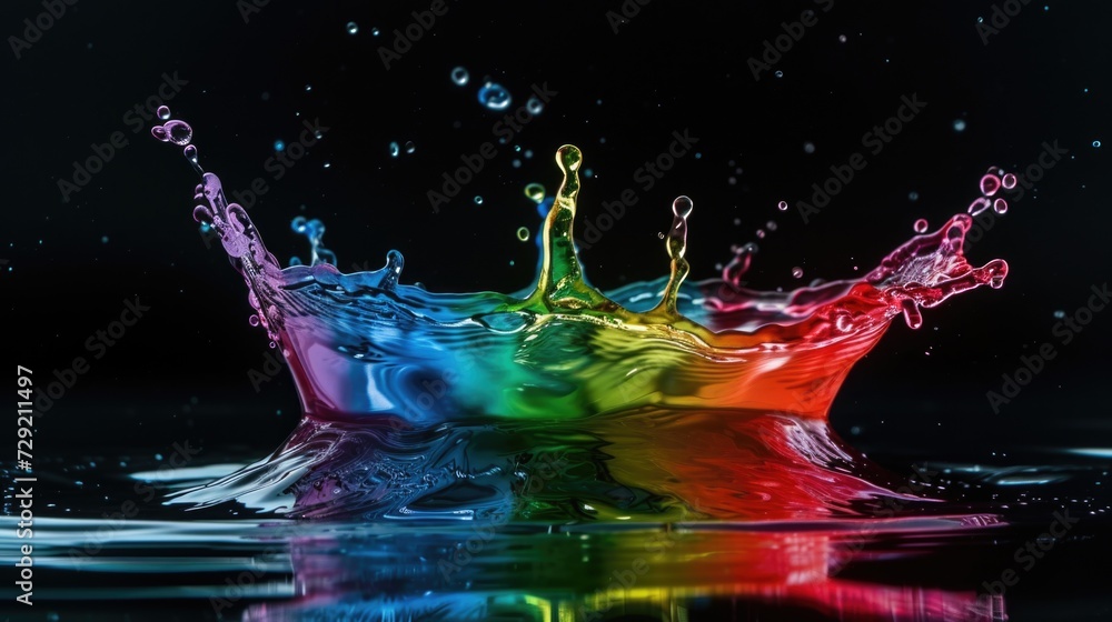 Poster A vibrant and dynamic water splash captured on a black surface. Perfect for adding a pop of color and energy to any design or project
