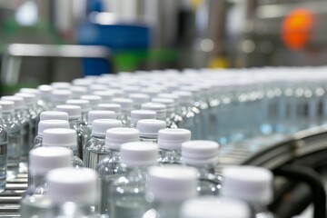 Obraz premium rows of small travelsize bottles being transported