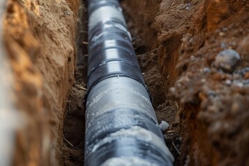 closeup of a pipe being lined with sealant in an earthen trench