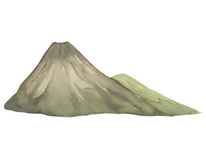 Watercolor illustration of stylized abstract mountains in green and brown colors. Summer, landscape