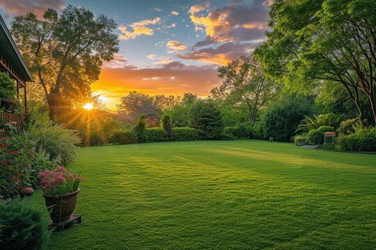 Back house yard with green grass and nice landscaping with sunlights