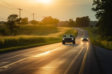 cruiser chasing a car down a deserted country road at sunrise