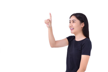 Young Asian woman with black long hair wears black shirt and point her hand to present something confidently while isolated white background.