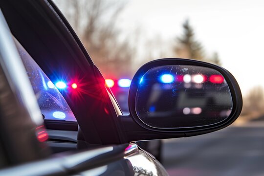 closeup of suspects car mirror, police lights in reflection