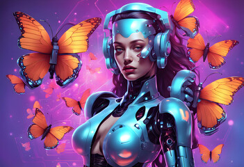 robot woman with butterflies and holograms