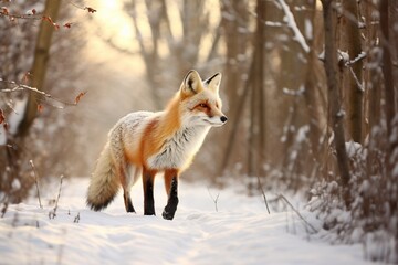 Fototapeta premium : A solitary fox gracefully navigating through a snow-covered forest, leaving delicate tracks in the fresh powder.