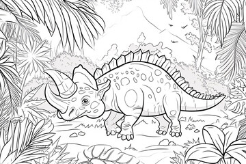 Euoplocephalus Dinosaur Black White Linear Doodles Line Art Coloring Page, Kids Coloring Book