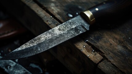 A knife placed on top of a wooden table. Perfect for food preparation or cooking-themed projects