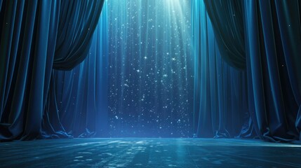 A stage with blue curtains and a starry sky backdrop. Suitable for theatrical performances and events. - obrazy, fototapety, plakaty