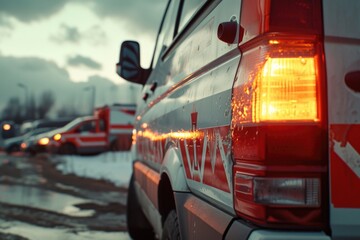 Emergency vehicles parked on a snowy road. Suitable for depicting emergency response in winter conditions