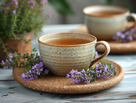 A Cup of Tea and Lavender Flowers