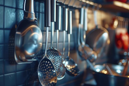 A wall in a kitchen adorned with hanging pots and pans. Perfect for adding a touch of charm and functionality to any culinary space