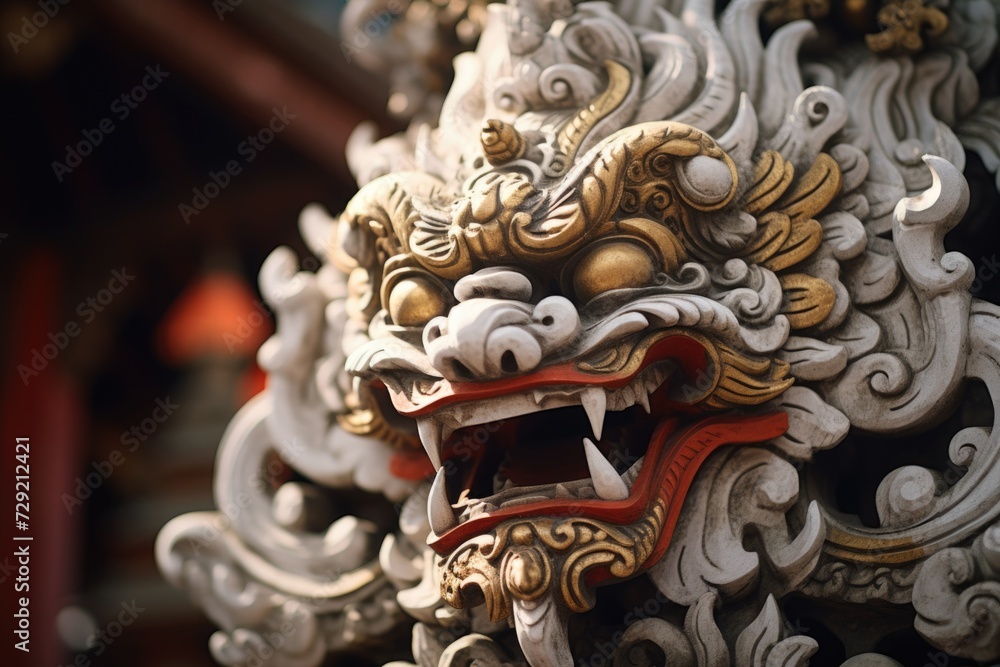 Poster a detailed close-up view of a dragon statue. this image can be used for various purposes