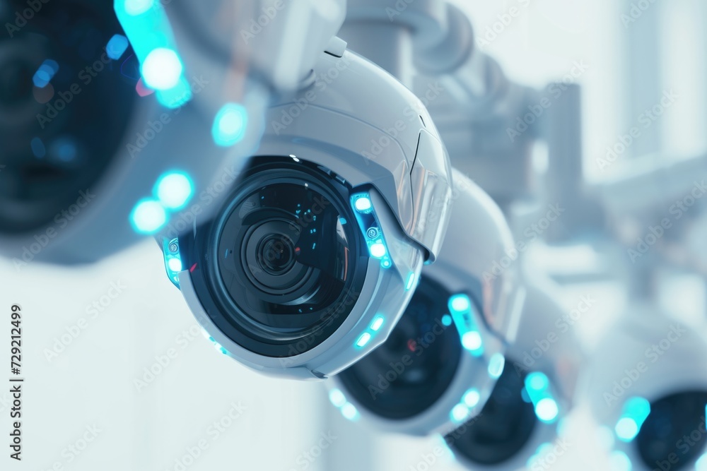 Poster a cluster of surveillance cameras suspended from the ceiling. ideal for illustrating security, monit