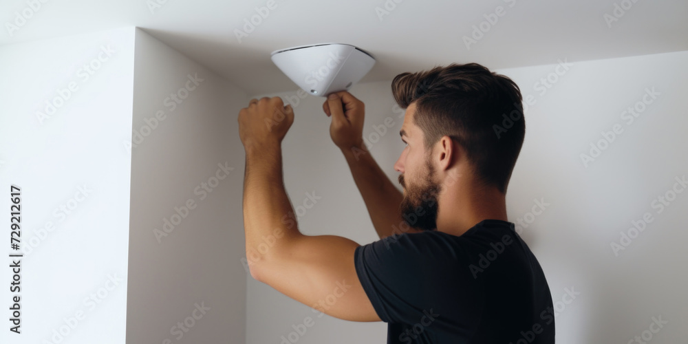 Poster a man is seen fixing a light fixture in a room. this image can be used to depict home repairs or diy