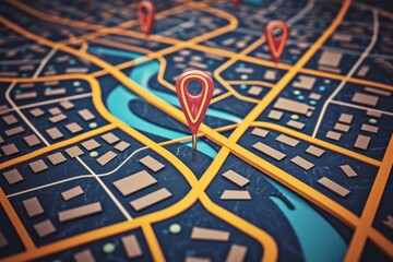 A close-up view of a map with pins. Can be used for travel planning or marking important locations - obrazy, fototapety, plakaty
