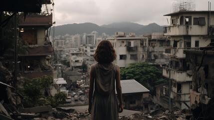 beautiful girl is watching her destroyed home, missing sadness thematic
