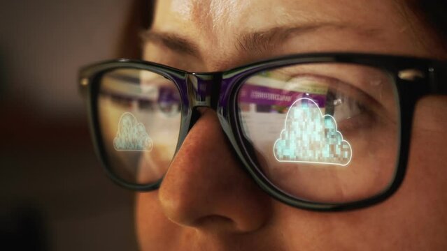 Cg collage with double reflection in search points on Internet pages and symbol of an electronic cloud storage service. Female face