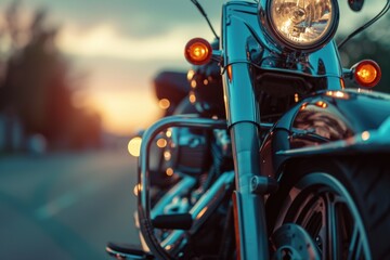 A detailed view of a motorcycle parked on a street. Suitable for automotive or transportation-related projects