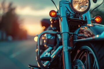 Fototapeta premium A detailed view of a motorcycle parked on a street. Suitable for automotive or transportation-related projects