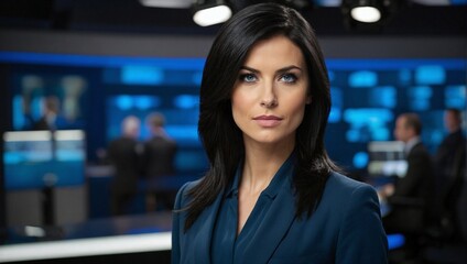 Obraz premium Woman in Blue Suit Standing in Front of TV Studio. Generative AI.