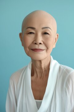 A woman with a bald head wearing a white shirt. Suitable for medical or fashion concepts
