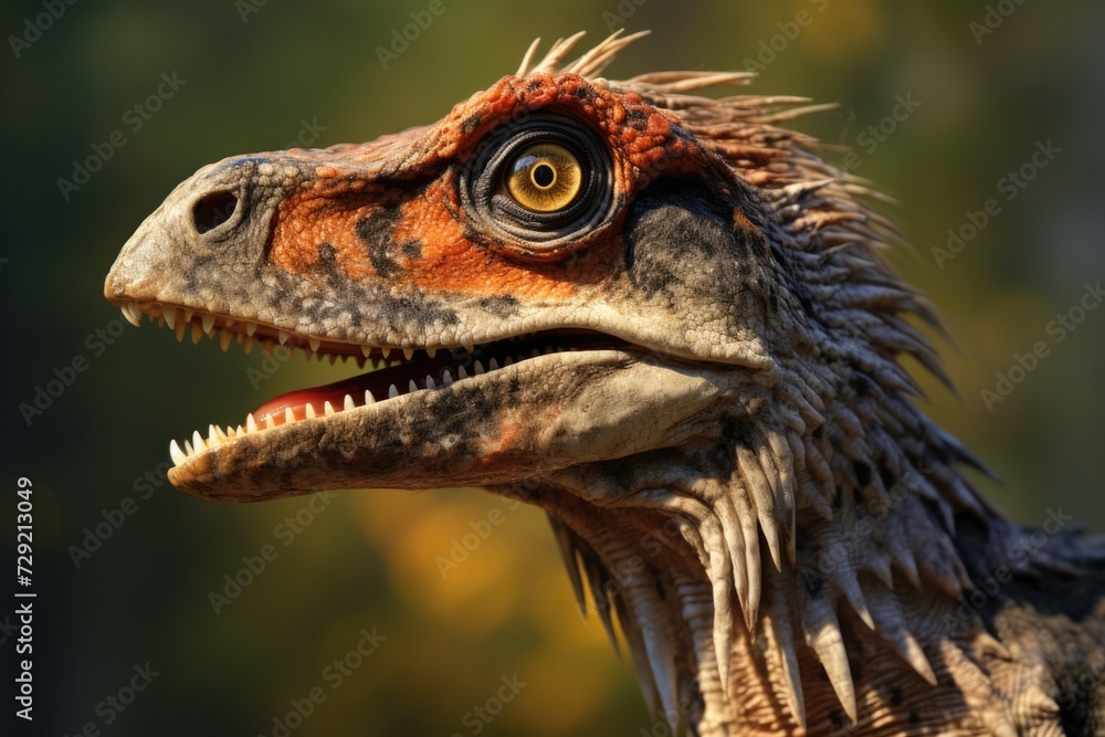 Poster A close-up view of a dinosaur's head with its mouth open. Suitable for educational purposes or as a visual element in a prehistoric-themed project
