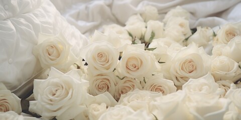 White roses arranged on top of a bed. Perfect for wedding or romantic themes
