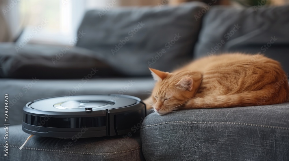 Poster a peaceful image of a cat sleeping on a couch next to a robotic vacuum. perfect for showcasing the h