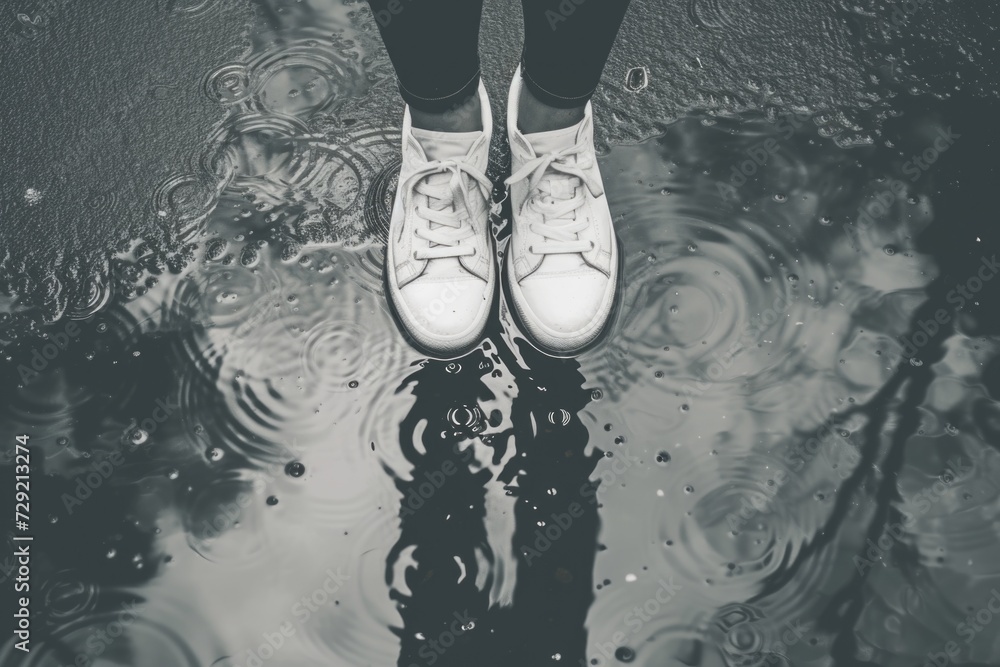 Poster a person standing in a puddle of water. suitable for illustrating concepts of reflection, water spla