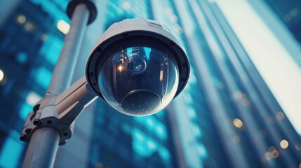 A close-up view of a camera mounted on a pole in front of a building. Suitable for surveillance, security, or monitoring purposes