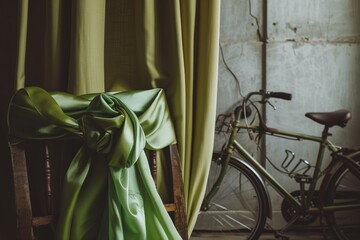 green silk scarf tied on chair back, a bicycle leaning against the wall behind