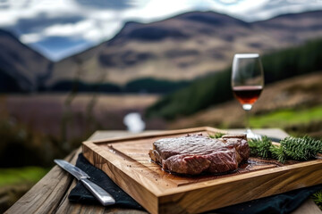 Cooked entrecote steak placed on a wooden tray against the backdrop of North East Scotland landscapes - obrazy, fototapety, plakaty