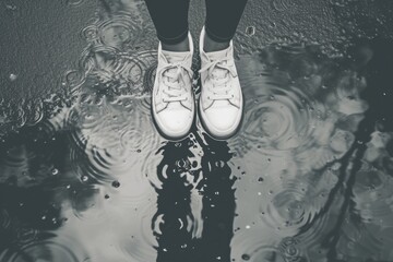 A person standing in a puddle of water. Suitable for illustrating concepts of reflection, water splashing, or rainy weather - Powered by Adobe