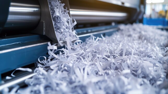 A machine cutting shredded paper on a conveyor belt. Ideal for illustrating document destruction, recycling, or office operations