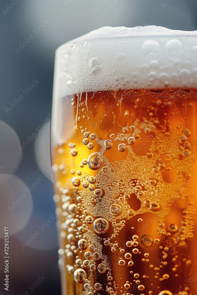 Poster a close-up view of a glass of beer with an abundance of bubbles. this image can be used to depict re