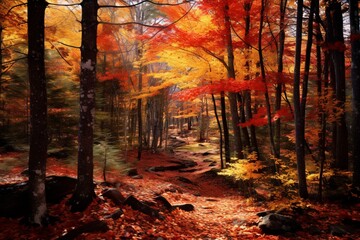 Fototapeta premium : A symphony of autumn colors as leaves in a dense forest change from green to shades of red, orange, and gold.