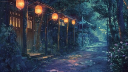 night scene in a lush garden or forest