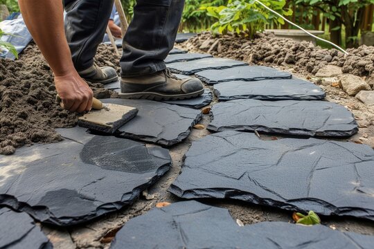 professional landscaper laying textured slabs for a garden path