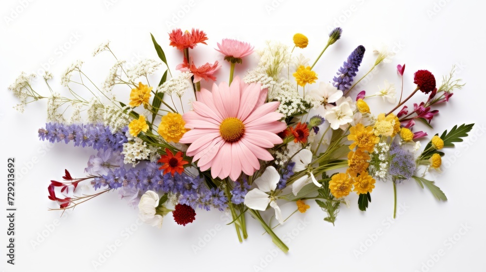 Poster a beautifully curated bouquet of wildflowers set on a white background, offering an open space for t