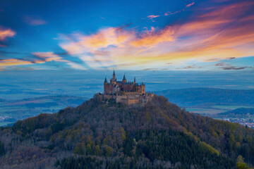 Fototapeta na wymiar From the mountain called Zeller Horn (929 meters) you can enjoy the best view of Hohenzollern Castle. Swabian counts and princes as well as Prussian kings and German emperors have their roots in this