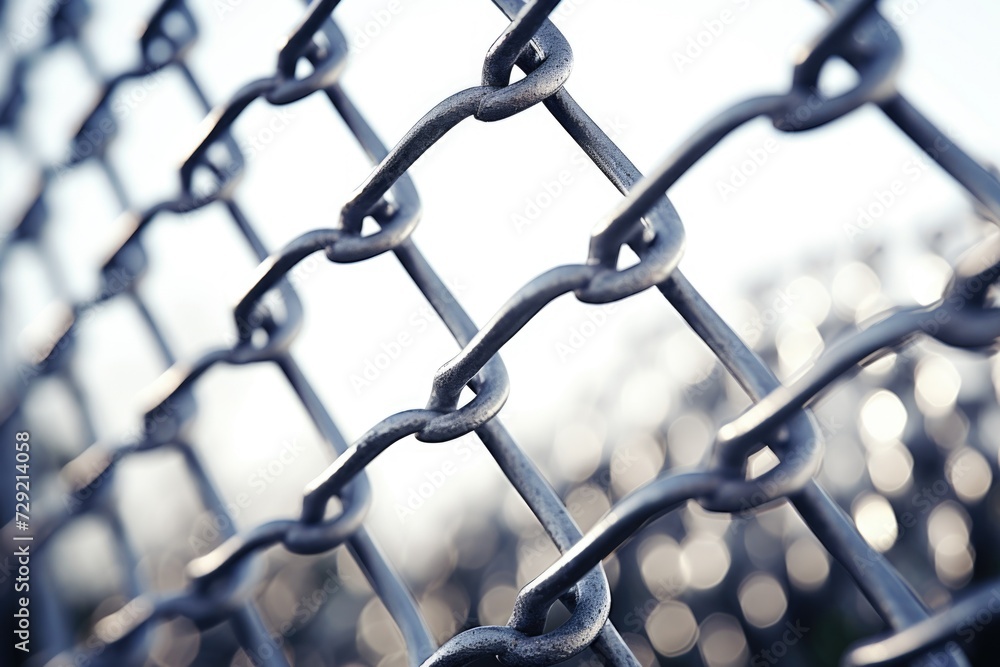 Poster a detailed view of a chain link fence. this image can be used to represent security, boundaries, or 