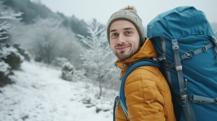 A man wearing a yellow jacket and carrying a blue backpack. Suitable for outdoor activities and travel themes