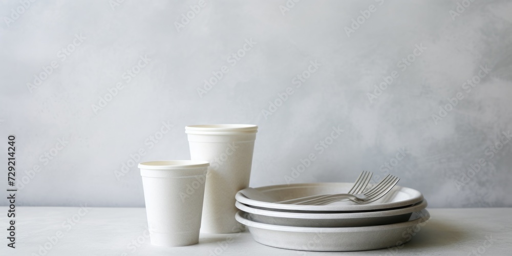 Aufkleber A stack of plates and cups with a fork. Versatile image suitable for various themes and concepts