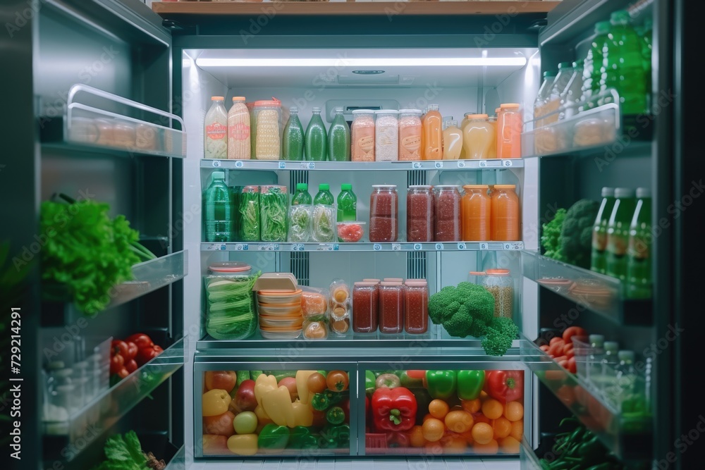 Poster a fully-stocked refrigerator with a diverse selection of food. perfect for showcasing a wide range o