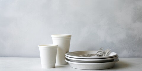 A stack of plates and cups with a fork. Versatile image suitable for various themes and concepts