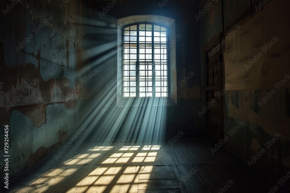 Poster Sunlight streaming through a window in an ancient building. Perfect for adding warmth and natural light to any project