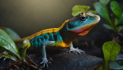 Obraz premium Green lizard on a branch in nature