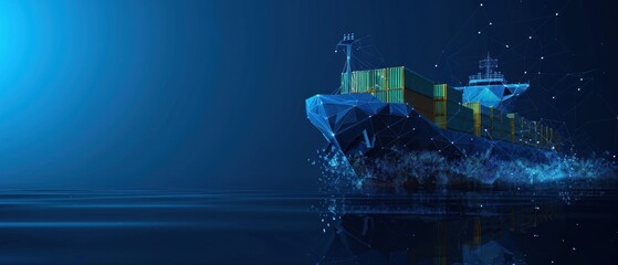 Polygonal cargo ship in dark blue background with copy space. Online cargo delivery, logistics,tracking app concept. Cargo ship polygonal illustration on dark blue background with copyspace. 