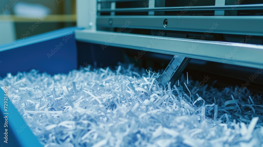 Poster a blue bin filled with shredded paper next to a window. this image can be used to represent recyclin